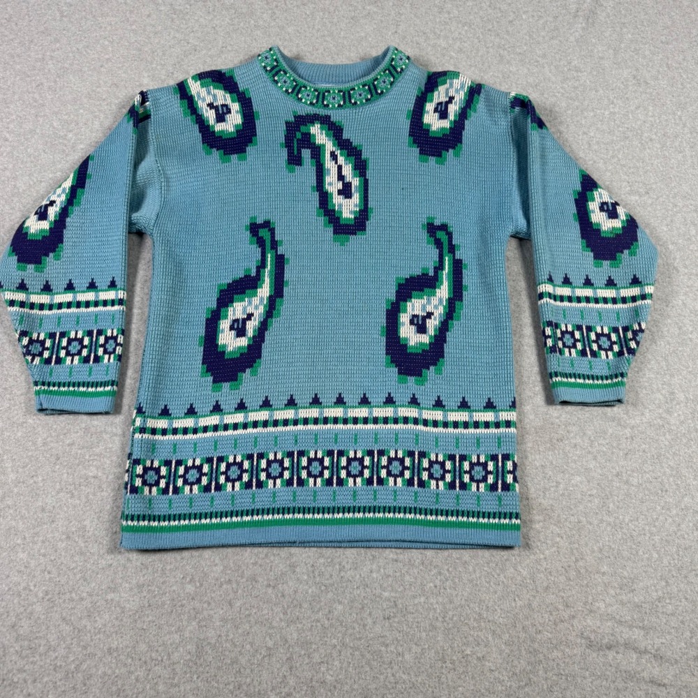 Extra Vintage 90s Womens Blue Paisley Geometric Knit Sweater Retro Acrylic Small